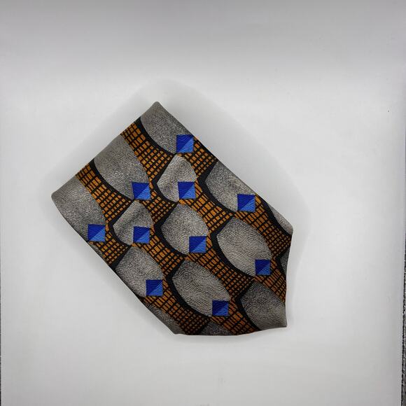 Muroya - Men’s Tie-58” Long-Gray Black Orange Modern Geometric Design - Silk-USA - Picture 4 of 7
